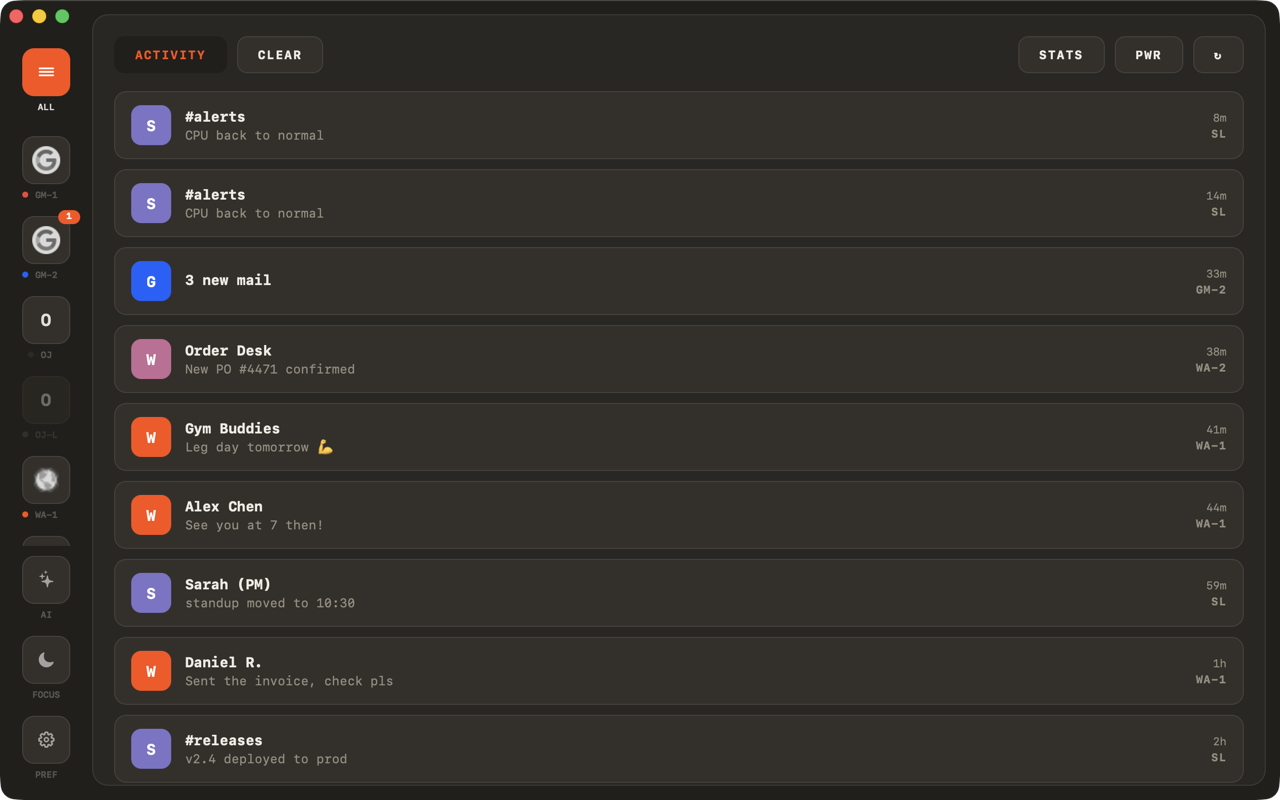 DOCKK unified activity feed showing messages from several services in one window