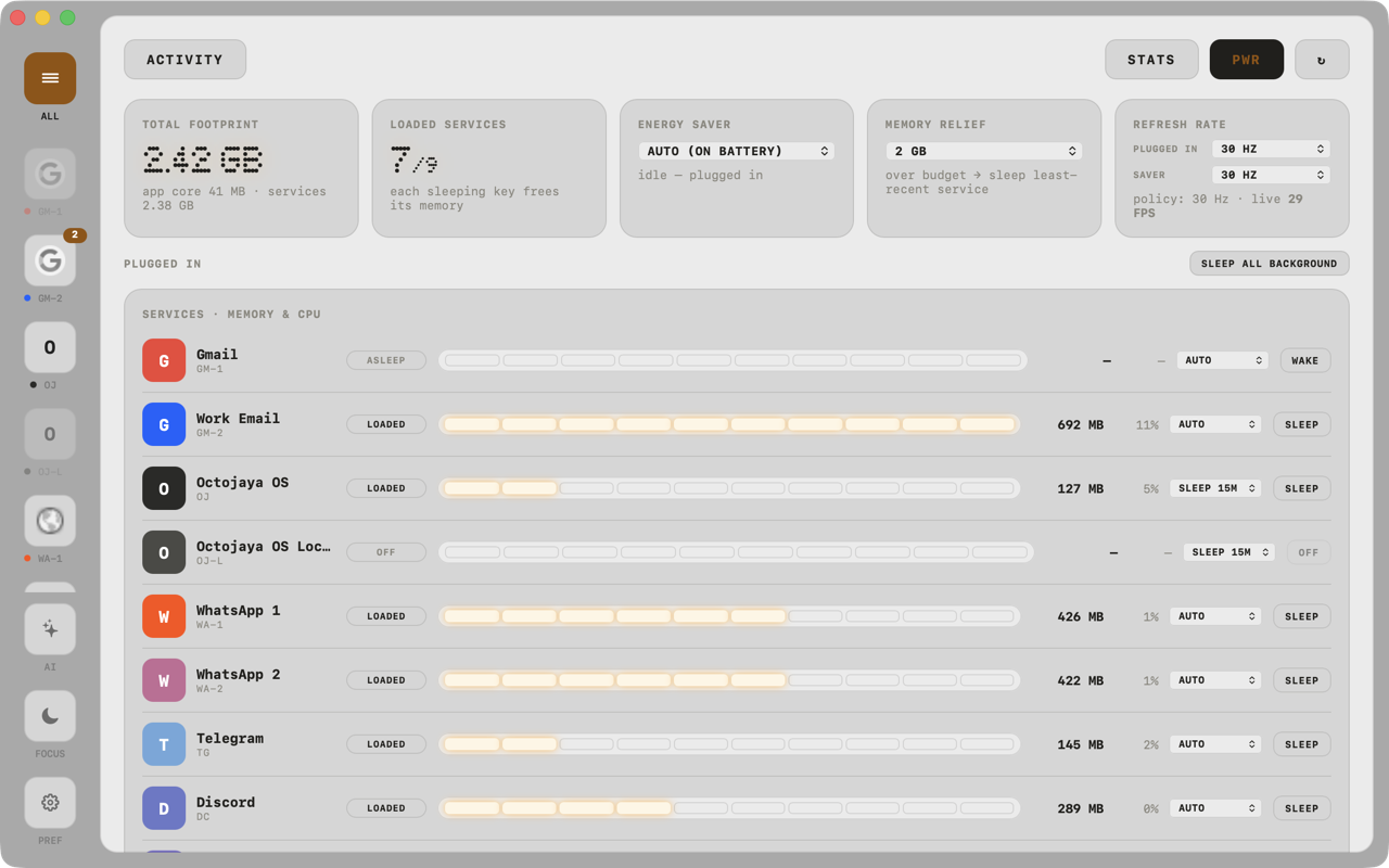 DOCKK power panel showing per-service memory and energy footprint