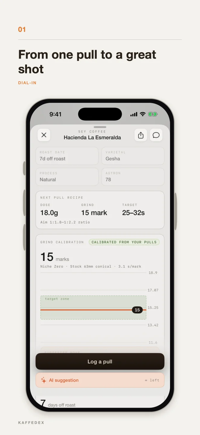 Kaffedex next-shot suggestion screen