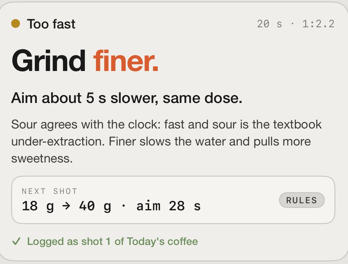 Kaffedex answering a shot: too fast at 20 seconds, grind finer, aim about 5 seconds slower with the same dose; next shot 18 g to 40 g, aim 28 s