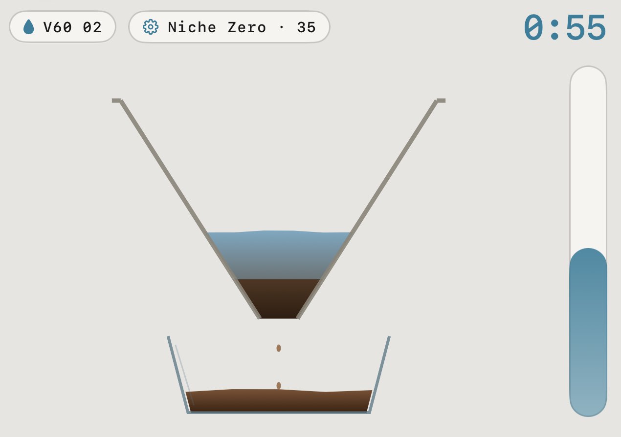 The guided brew player at 0:55: water in a V60 cone, coffee dripping into the carafe, the pour gauge filling