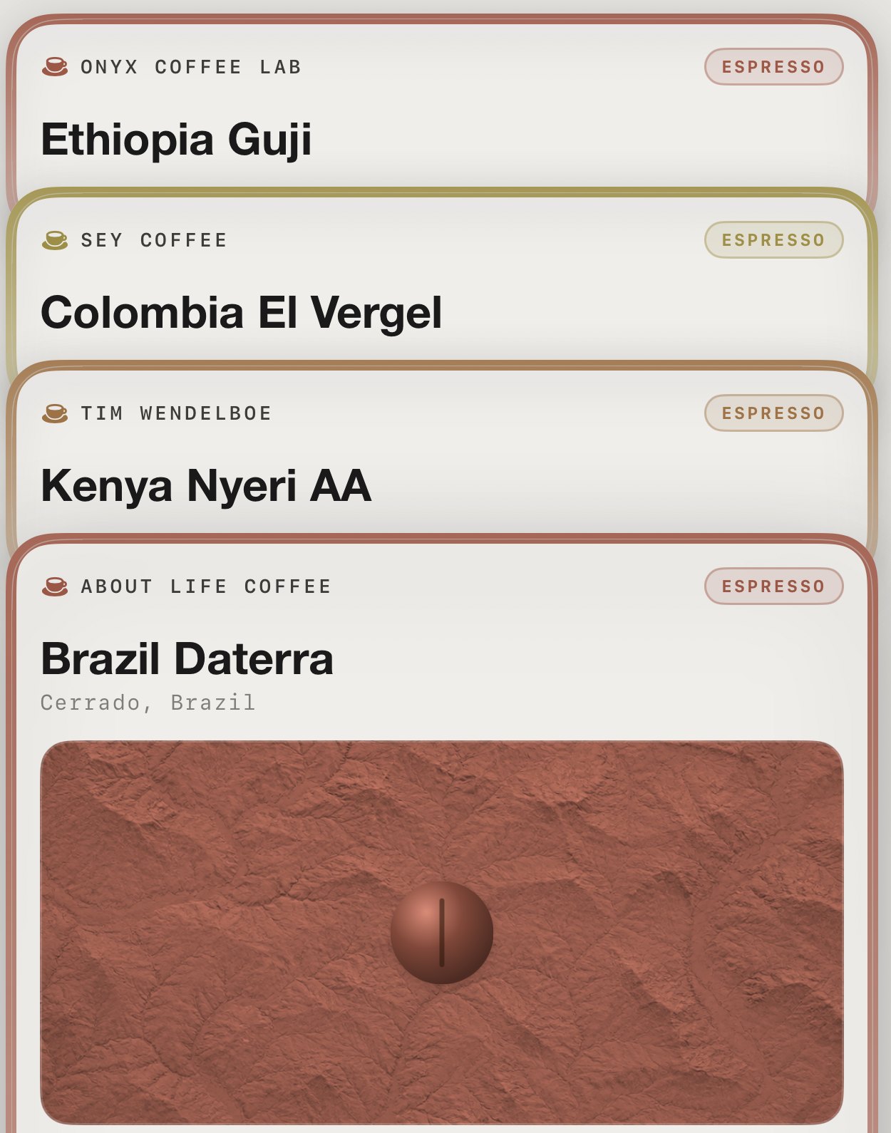 The Codex deck: stacked cards for Ethiopia Guji, Colombia El Vergel, Kenya Nyeri AA and Brazil Daterra, each with its own coloured frame