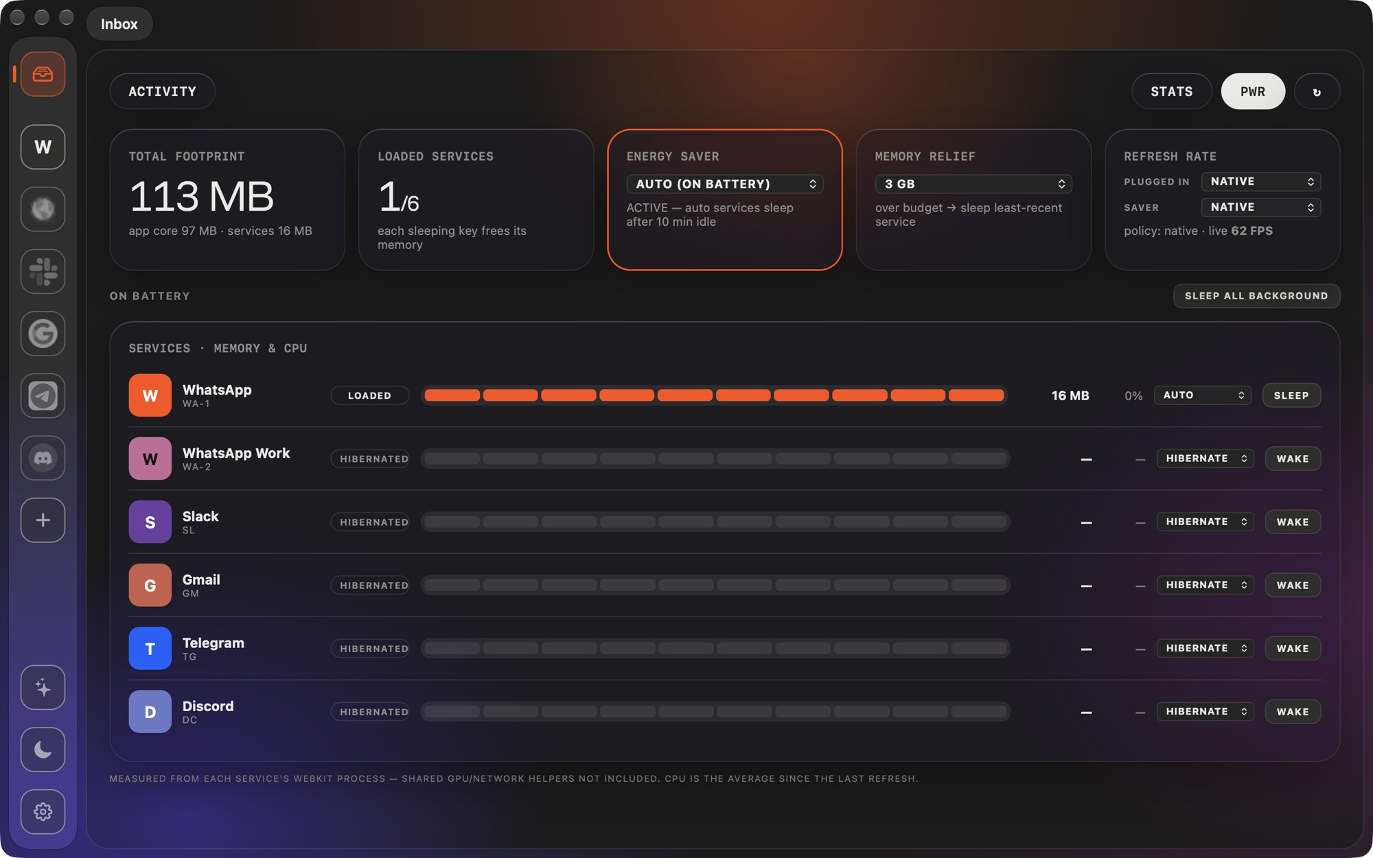 The power panel listing each service's memory use
