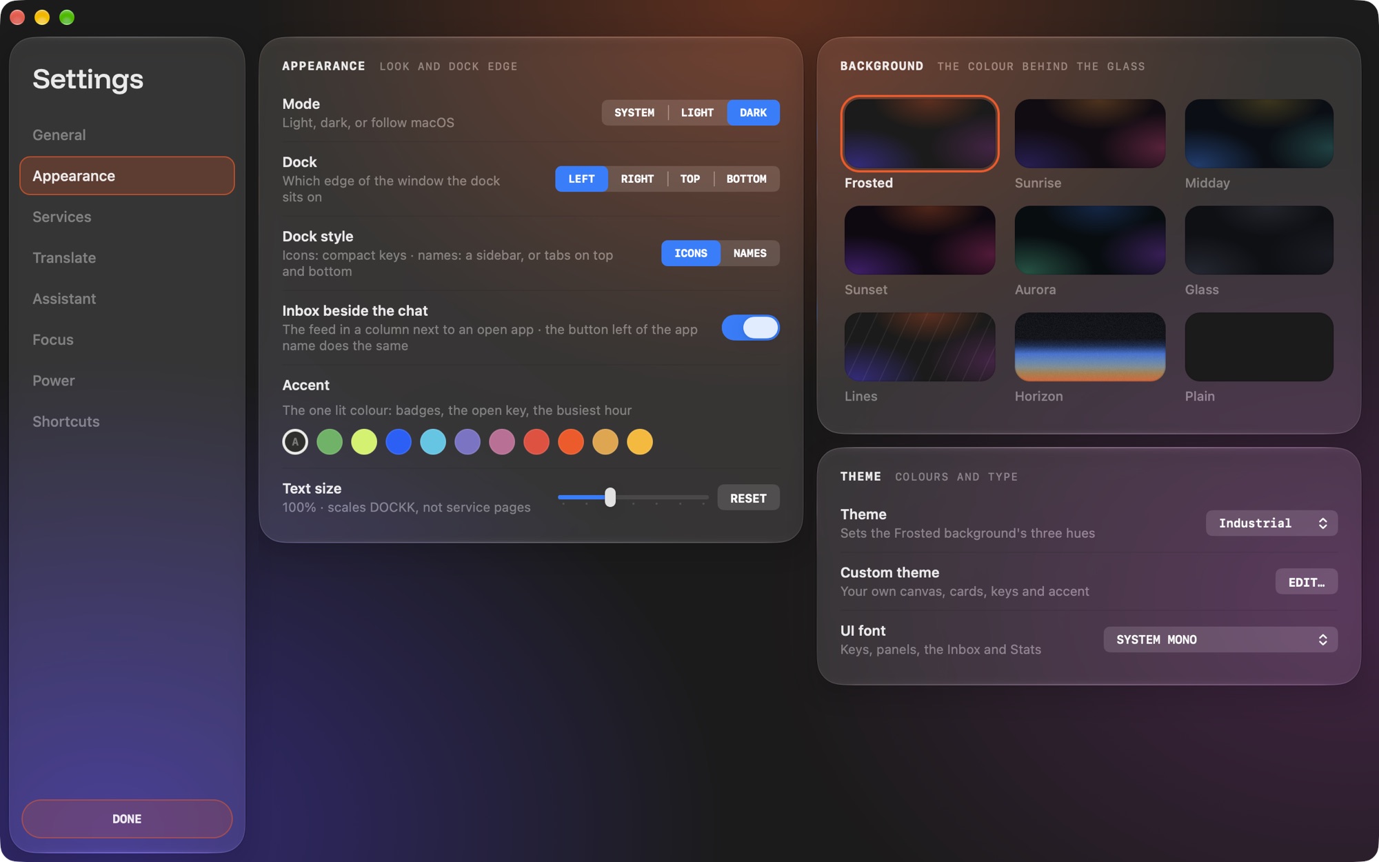Settings, Appearance: mode, dock, accent, and the nine backgrounds
